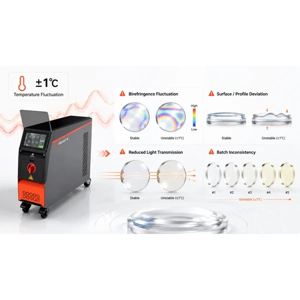 Effects of ±1°C temperature fluctuation on optical lens injection molding - birefringence, surface deviation, light transmission, and batch inconsistency